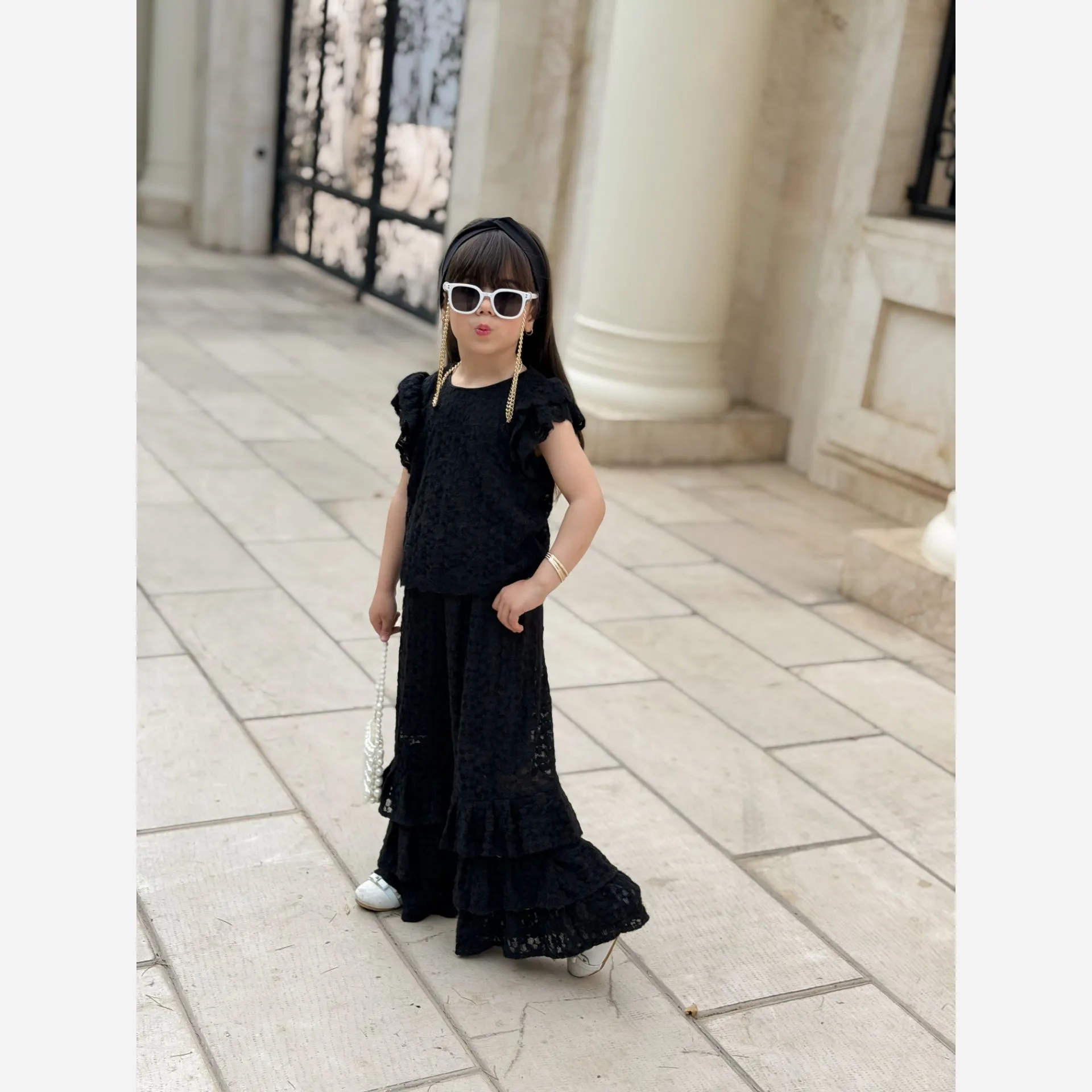 ست تاپ و شلوار دخترانه دانتل مجلسی ترک نرم مناسب 3 تا 10 سال