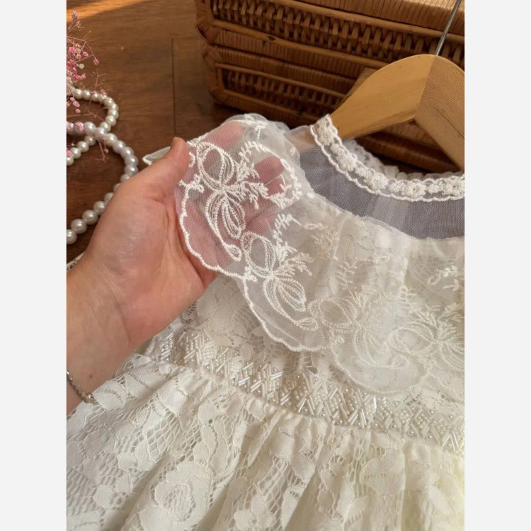 پیراهن دخترانه مجلسی دانتل وارداتی با آستر نخی مناسب 4 تا 14 سال