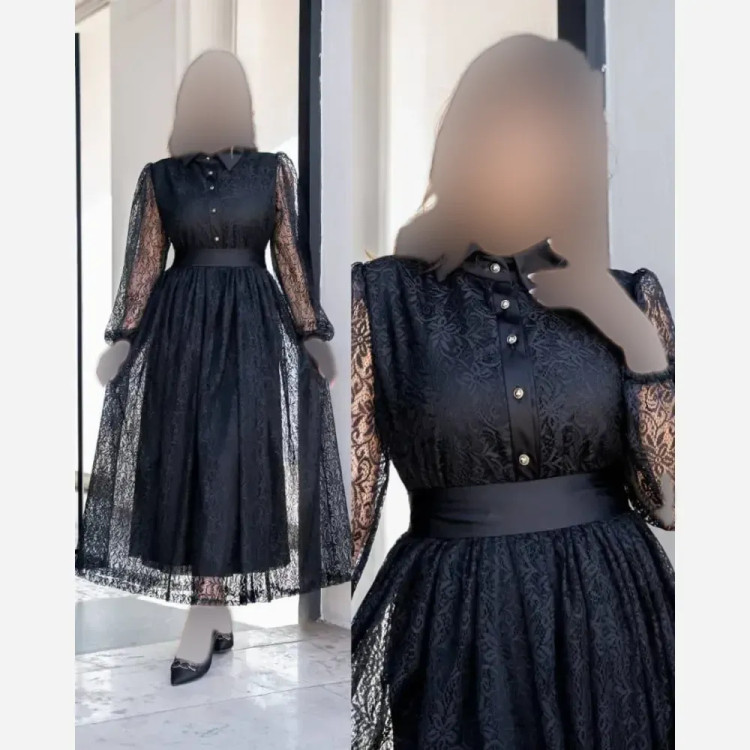 پیراهن بلند زنانه جنس گیپور همراه آستر کمربند دار قد 135 سایز بزرگ