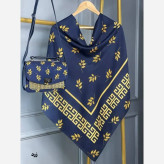ست کیف و روسری طرح برگ جیوانچی مخمل و چرم صنعتی نخی منگوله دار قواره 130