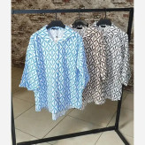 شومیز طرح دار جلو دکمه آستین پاکتی پارچه پری ترک فری سایز