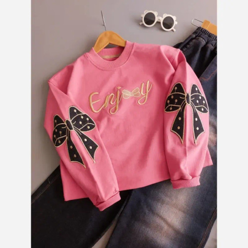 ست لباس دخترانه بلوز شلوار پاپیونی نگین دار دورس لاکرا شلوار لی ضخیم مناسب 5 تا 18 سال
