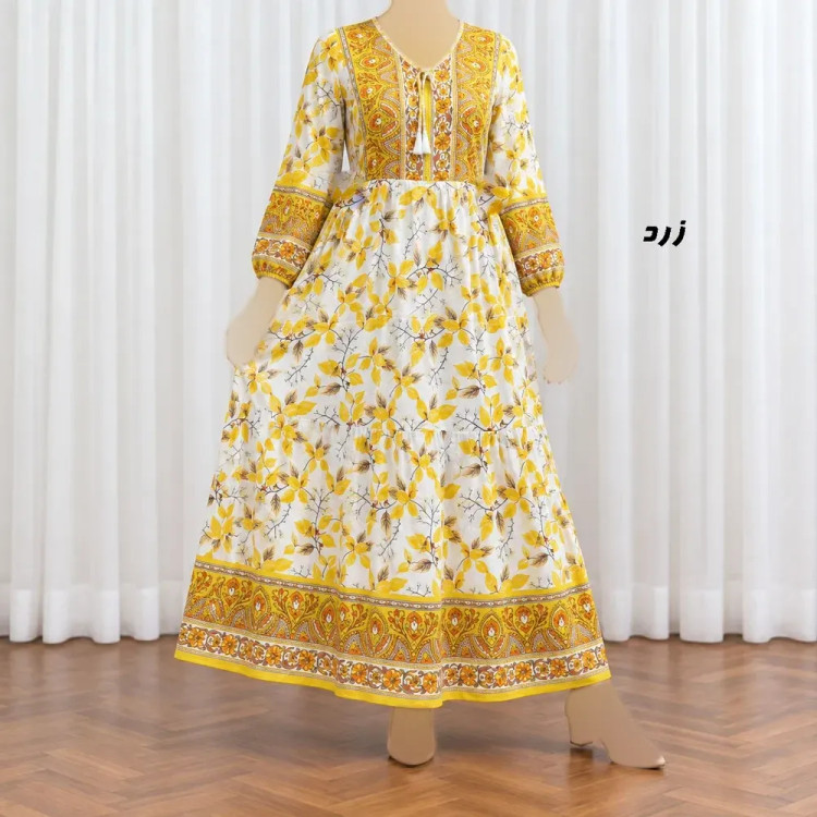 پیراهن ساحلی زنانه نخی حاشیهدار برگ فری سایز مناسب تا 48 کمربنددار
