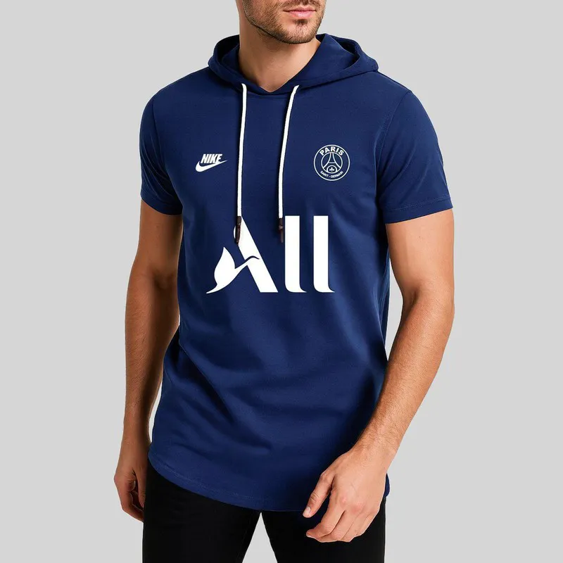 تیشرت کلاه دار مردانه طرح پاریس سرمه ای جنس نخ آستین کوتاه